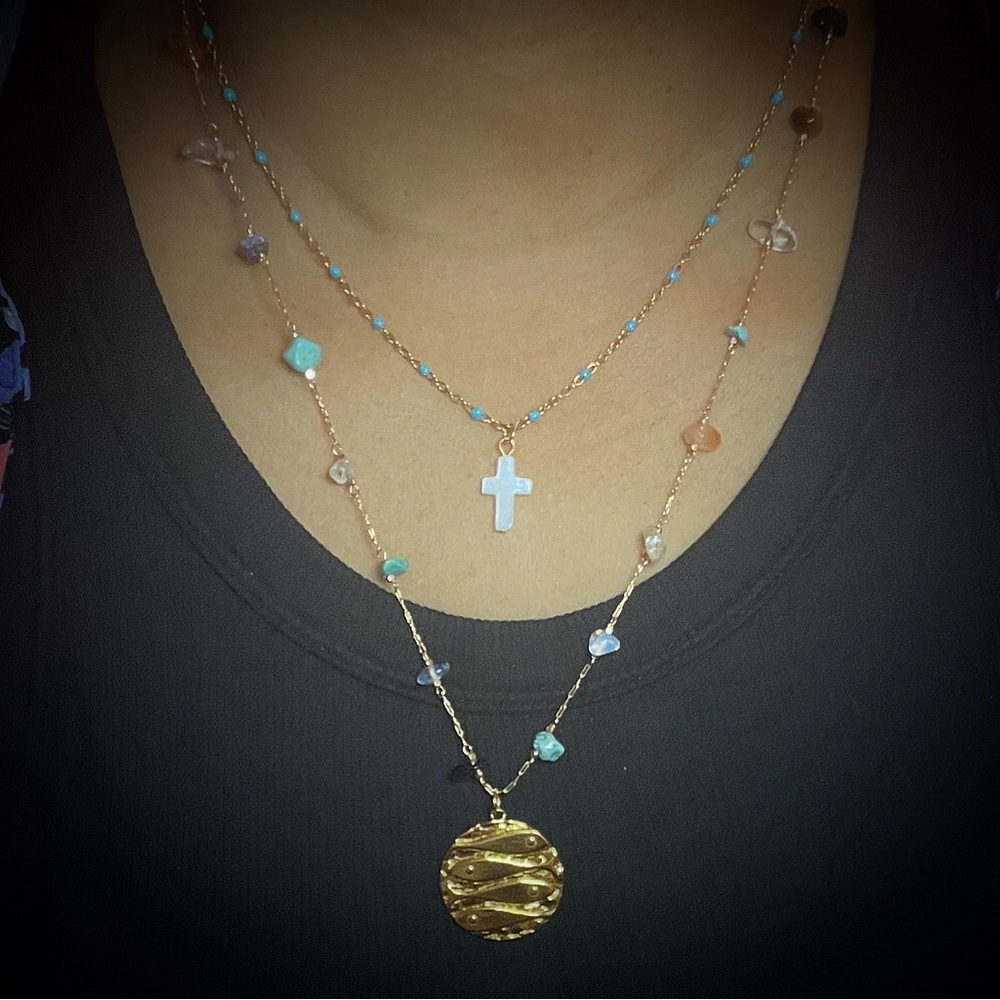 Spring/Summer 26’ Fish Medallion Natural Stone Shell Cross Blue Enamel 2 Chains - Picture 1 of 3
